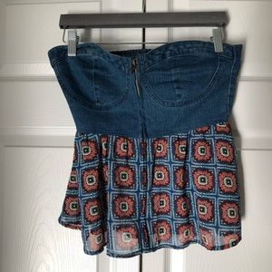 Strapless floral/jean top